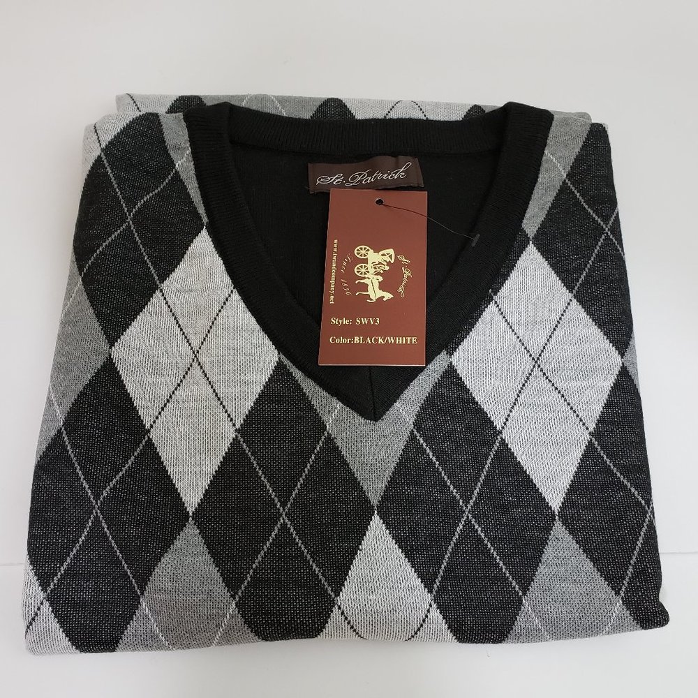 6X St. Patrick V-Neck Black Argyle Sweater Vest 6XL - Picture 1 of 6